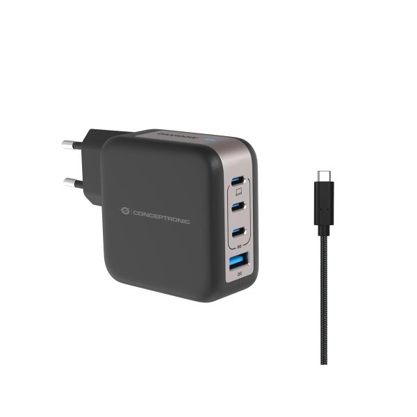 Conceptronic 4-Port 100W GaN USB-PD-Ladegerät mit USB-C-Ladekabel, USB-C x 3, USB-A x 1, QC 3.0, PPS, Drinnen, AC, 20 V, 1,5 m, Schwarz