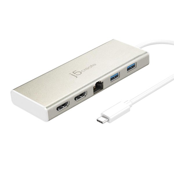 j5create JCD381-N USB Type-C™ Dual HDMI Mini Dock-Ethernet/ USB 3.1 HUB / PD2.0, USB 3.2 Gen 1 (3.1 Gen 1) Type-C, 60 W, 10,100,1000 Mbit/s, Beige, Weiß, 4K Ultra HD, 30 Hz