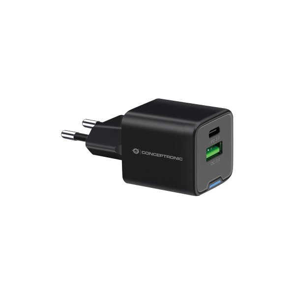 Conceptronic 2-Port 20W GaN USB-PD-Ladegerät, USB-C x 1, USB-A x 1, QC 3.0, PPS, Drinnen, AC, 12 V, Schwarz