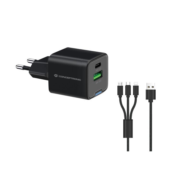 Conceptronic 2-Port 33W GaN USB-PD-Ladegerät mit 3-in-1-Ladekabel, USB-C x 1, USB-A x 1, QC 3.0, PPS, Drinnen, AC, 20 V, 1,5 m, Schwarz