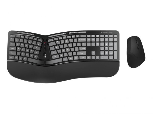 Conceptronic ERGO Kabelloses Set aus ergonomischer Tastatur und vertikaler Maus, englisch, Volle Größe (100%), Kabellos, RF Wireless, QWERTY, Schwarz, Maus enthalten