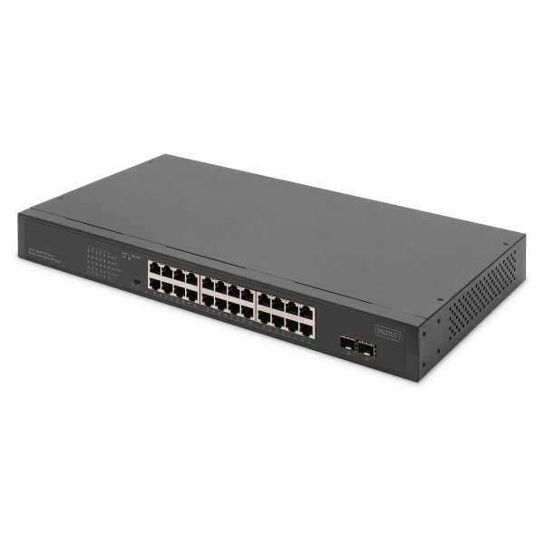 DIGITUS 24-Port Gigabit Netzwerkswitch, 19 Zoll, unmanaged,2 Uplink Ports, SFP, Unmanaged, Gigabit Ethernet (10/100/1000), Vollduplex, Power over Ethernet (PoE), Rack-Einbau, 1U