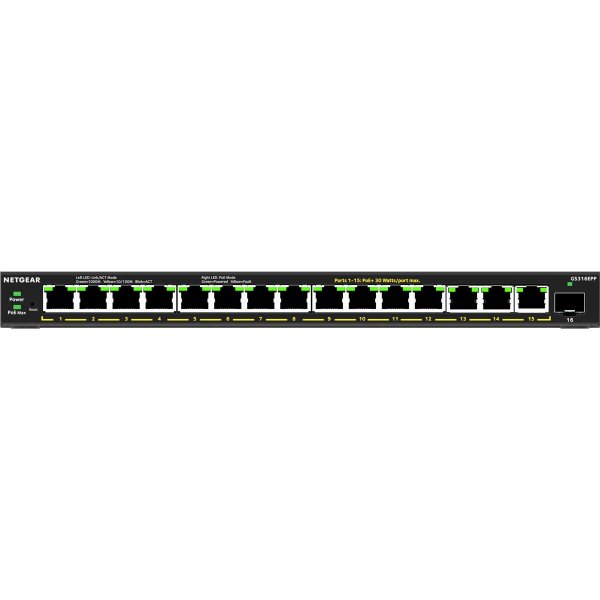 Netgear 16-Port High-Power PoE+ Gigabit Ethernet Plus Switch (231W) with 1 SFP port (GS316EPP), Managed, Gigabit Ethernet (10/100/1000), Vollduplex, Power over Ethernet (PoE)