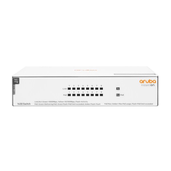 HPE Instant On 1430 8G Class4 PoE 64W, Unmanaged, L2, Gigabit Ethernet (10/100/1000), Vollduplex, Power over Ethernet (PoE)