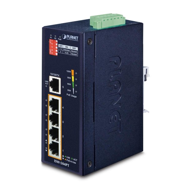 Planet ISW-504PT, Unmanaged, L2, Fast Ethernet (10/100), Vollduplex, Power over Ethernet (PoE), Wandmontage