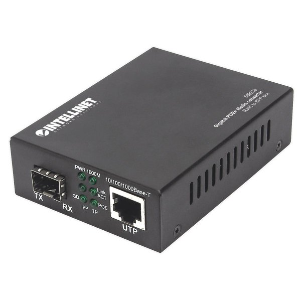 Intellinet Gigabit PoE+ Medienkonverter, 1000Base-T RJ45-Port auf SFP-Port, PoE+ Injektor, 1000 Mbit/s, 1000Base-T, IEEE 802.3, IEEE 802.3ab, IEEE 802.3af, IEEE 802.3at, IEEE 802.3u, Gigabit Ethernet, 10,100,1000 Mbit/s, Voll, Halb