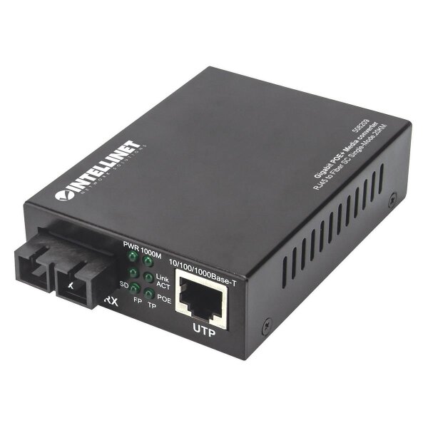 Intellinet Gigabit PoE+ Medienkonverter, 1000Base-T RJ45-Port auf 1000Base-LX (SC) Singlemode, 20 km, PoE+ Injektor, 1000 Mbit/s, 1000Base-T, 1000Base-LX, IEEE 802.3, IEEE 802.3ab, IEEE 802.3af, IEEE 802.3at, IEEE 802.3u, Gigabit Ethernet, 10,100,1000 Mbi