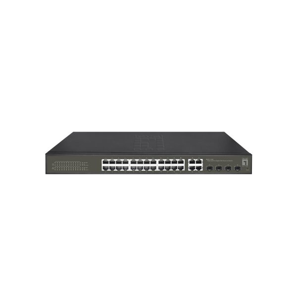 LevelOne Hilbert 28-Port Gigabit PoE Smart Lite Switch, 24 PoE Ausgänge, 4 x Gigabit SFP/RJ45 Combo, 802.3at/af PoE, 380W PoE-Leistungsbudget, Managed, L2, Gigabit Ethernet (10/100/1000), Vollduplex, Power over Ethernet (PoE), Rack-Einbau