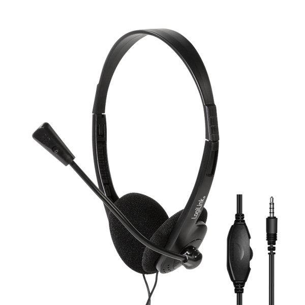 LogiLink Stereo-Headset, 1x 3,5-mm-Klinkenstecker, Bügelmikrofon, Eco-Box, Kabelgebunden, Musik/Alltag, 20 - 20000 Hz, 85 g, Kopfhörer, Schwarz