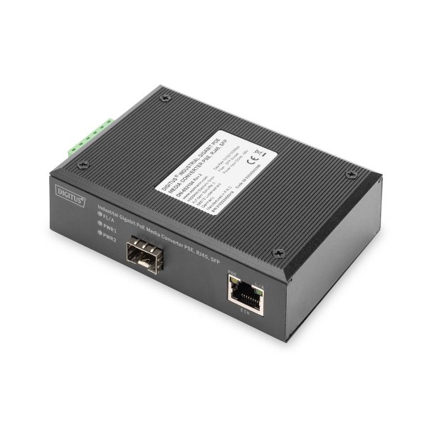 DIGITUS 10/100/1000Base-TX (PoE) to 1000Base-FX Industrial Media Converter, 1000 Mbit/s, 10Base-T, 1000Base-T, 100Base-TX, 1000Base-TX, 100Base-T, 1000Base-FX, IEEE 802.3ab, IEEE 802.3i, IEEE 802.3u, IEEE 802.3x, IEEE 802.3z, Gigabit Ethernet, 10,100,1000