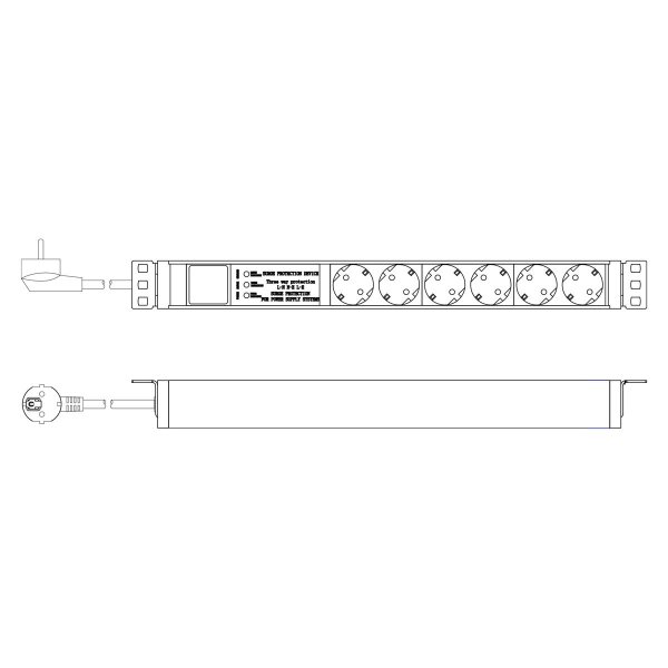 DIGITUS Steckdosenleiste mit Aluminiumprofil und Überspannungsschutz, integrierter Netzfilter, 6-fach Schutzkontaktsteckdose, 2 m Zuleitung Schutzkontaktstecker