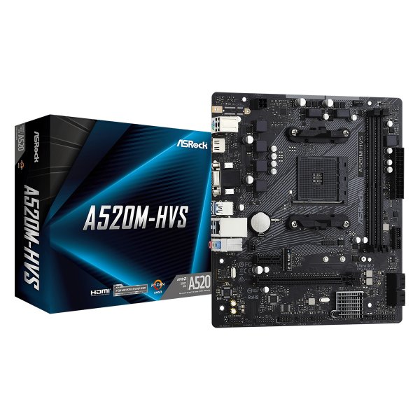 ASRock A520M-HVS, AMD, Socket AM4, 3rd Generation AMD Ryzen™ 3, 3rd Generation AMD Ryzen 5, 3rd Generation AMD Ryzen™ 7, 3rd..., DDR4-SDRAM, 64 GB, DIMM