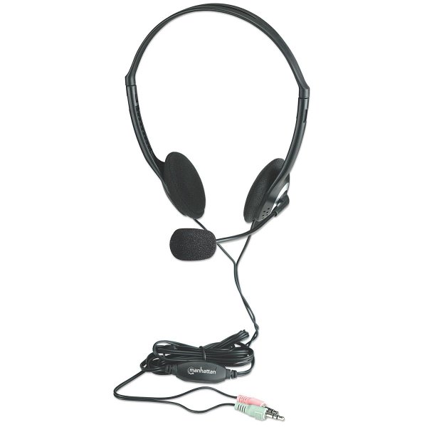 Manhattan Stereoheadset, Federleichtes Design, integriertes Mikrofon, Lautstärkeregler im Kabel integriert, Kabelgebunden, 20 - 20000 Hz, Anrufe/Musik, 75 g, Kopfhörer, Schwarz, Silber