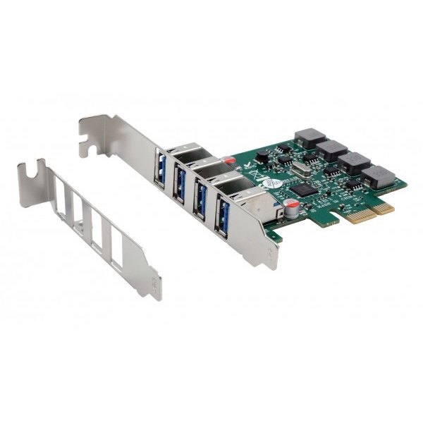 Exsys EX-11044, PCIe, USB 3.2 Gen 1 (3.1 Gen 1), Weiblich, Full-height / Low-profile, 4x External USB 3.2 Gen 1 A-female, Grün, Silber