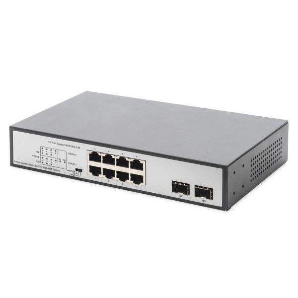 DIGITUS 8-Port Gigabit PoE Netzwerkswitch, Desktop, unmanaged, 2 Uplink Ports, SFP, 180 W, af/at/bt