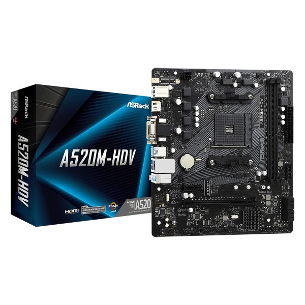 ASRock A520M-HDV, AMD, Socket AM4, 3rd Generation AMD Ryzen™ 3, 3rd Generation AMD Ryzen 5, 3rd Generation AMD Ryzen™ 7, 3rd..., DDR4-SDRAM, 64 GB, DIMM