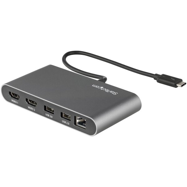 StarTech.com Thunderbolt 3 Mini Dockingstation - Tragbare Dockingstation für Zwei Monitore, HDMI 4K 60 Hz - 2x USB-A Hub (3.2/2.0), GbE - 28cm Kabel - TB3 Multiport Adapter - Mac/Windows, Kabelgebunden, Thunderbolt 3, 10,100,1000 Mbit/s, IEEE 802.3ab, IEE