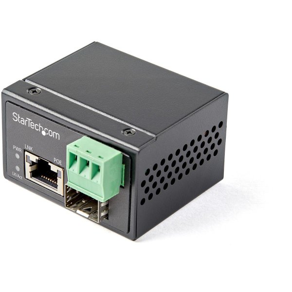 StarTech.com PoE + Industrial Media Converter 30W - Medienkonverter LWL Kupfer - Singlemode-/Multimode Glasfaser auf Kupfer Gigabit Ethernet - Mini/Kompaktgröße - IP-30/ -40°C bis 75°C, 1000 Mbit/s, IEEE 802.3, IEEE 802.3u, IEEE 802.3z, Voll, SFP,