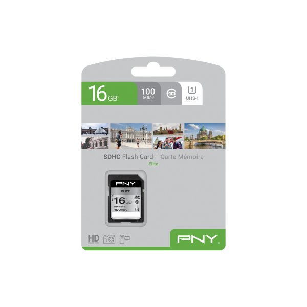 PNY Elite, 16 GB, SDHC, Klasse 10, UHS-I, Class 1 (U1), Schwarz