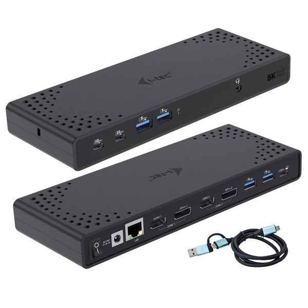 i-tec USB 3.0 / USB-C / Thunderbolt 3 Dual Display Docking Station Gen2 + Power Delivery 100W, Kabelgebunden, USB 3.2 Gen 1 (3.1 Gen 1) Type-C, 100 W, 10,100,1000 Mbit/s, Schwarz, 10 Gbit/s