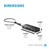 HP USB-C Reisehub G2, USB 3.2 Gen 1 (3.1 Gen 1) Type-C, 90 W, Schwarz, 60 Hz, HDMI, USB 3.2 Gen 1 (3.1 Gen 1) Type-A, VGA, Taiwan