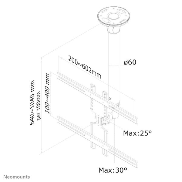 Neomounts Monitor-Deckenhalterung, 35 kg, 81,3 cm (32"), 152,4 cm (60"), 200 x 200 mm, 600 x 400 mm, 640 - 1040 mm