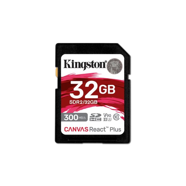 Kingston 32GB Canvas React Plus SDHC UHS-II 300R/260W U3 V90 for Full HD/4K/8K, 32 GB, SD, Klasse 10, UHS-II, 300 MB/s, 260 MB/s