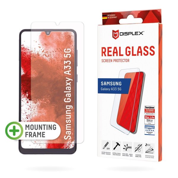 E.V.I. Displex Panzerglas (10H) für Samsung Galaxy A33 5G, Eco-Montagerahmen, Tempered Glas, kratzer-resistente Schutzfolie, hüllenfreundlich, Samsung, Galaxy A33 5G, Trockene Anwendung, Schlagfest, Kratzresistent, Staubresistent, Transparent, 1 Stück(e)