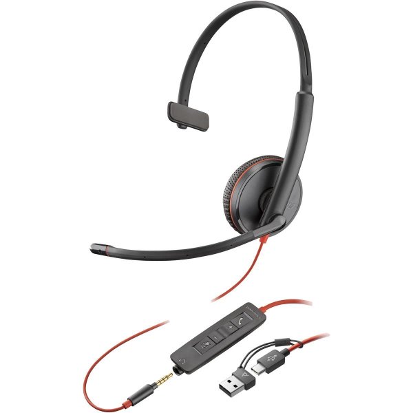 HP POLY Blackwire 3215 Monoaurales USB-C-Headset + 3,5-mm-Stecker + USB-C/A-Adapter, Kabelgebunden, Business/Everyday, 97 g, Kopfhörer, Schwarz