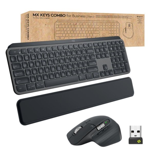 Logitech MX Keys combo for Business Gen 2, Kabellos, RF Wireless + Bluetooth, Scherenschalter, AZERTY, LED, Graphit