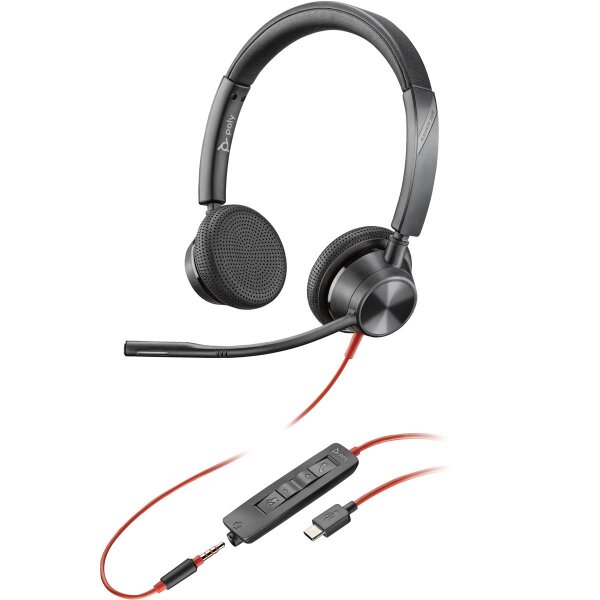 HP POLY Blackwire 3325 USB-C Stereo-Headset + 3.5-mm-Stecker + USB-C/A-Adapter, Kabelgebunden, Büro/Callcenter, 20 - 20000 Hz, 131 g, Kopfhörer, Schwarz