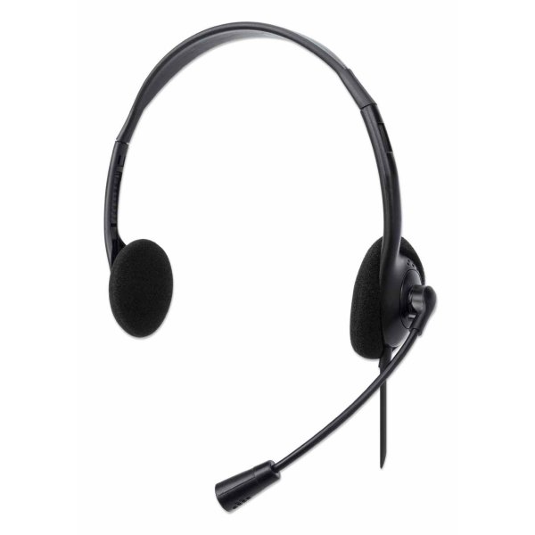 Manhattan Stereo USB-Headset, Federleichtes, ohraufliegendes Design (On-Ear), kabelgebunden, USB-A-Stecker, verstellbares Mikrofon, schwarz, Kabelgebunden, Büro/Callcenter, 71 g, Kopfhörer, Schwarz