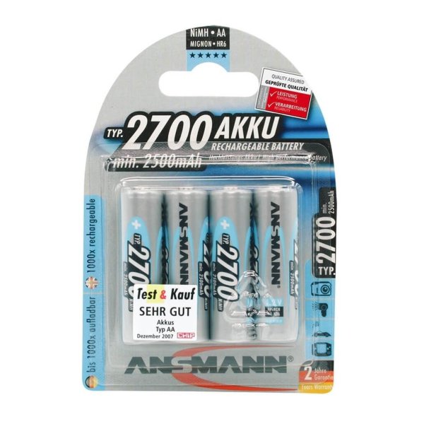 Ansmann Blister 4 X Accu, AA, 2700mAh, AA / HR6, Nickel-Metallhydrid (NiMH), 1,2 V, 2700 mAh, Blau