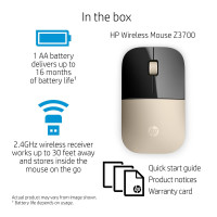 HP Z3700 Wireless-Maus, Gold, Beidhändig, Optisch, RF Wireless, 1200 DPI, Gold