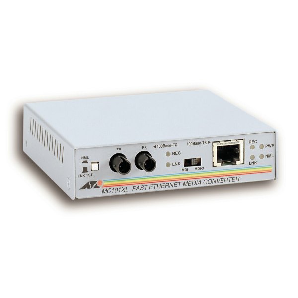 Allied Telesis 100TX to 100FX (ST) Multi-Mode Media Converter, 100 Mbit/s, UTP & Fibre optic, Verkabelt, UL-Cul, CSA/CSA, NRTL, TUV, CE, 6 W, 294 g