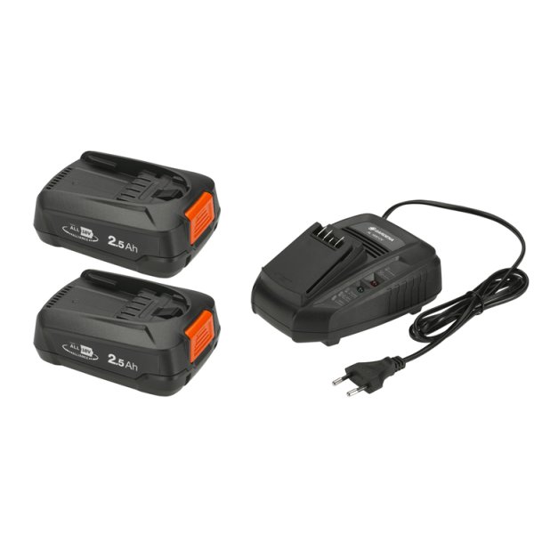 Gardena P4A 2 x PBA 18V/45 + AL 1830 CV, Batterie- & Ladegerät-Set, Lithium-Ion (Li-Ion), 2,5 Ah, 18 V, Gardena, Schwarz, Orange