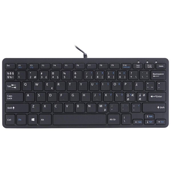 R-Go Tools Compact Ergonomische Tastatur R-Go , flaches Design, Mini-Tastatur, QWERTY (NORDIC), verkabelt, schwarz, Mini, Kabelgebunden, USB, QWERTY, Schwarz