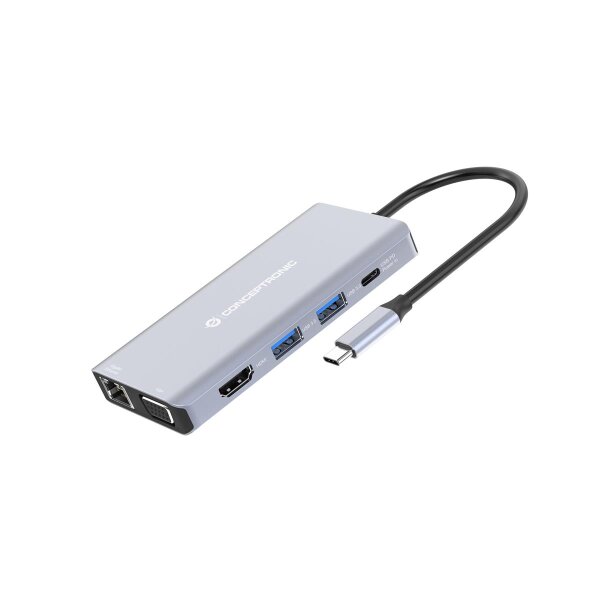 Conceptronic DONN20G 10-in-1 USB 3.2 Gen 1 Dockingstation, HDMI, VGA, USB-A 3.0 x 3, SD, TF/MicroSD, Audio, GbE LAN, 100W USB PD, Kabelgebunden, USB 3.2 Gen 1 (3.1 Gen 1) Type-C, 100 W, 10,100,1000 Mbit/s, Grau, MicroSD (TransFlash), SD