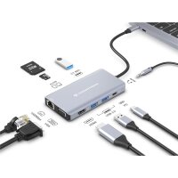 Conceptronic DONN20G 10-in-1 USB 3.2 Gen 1 Dockingstation, HDMI, VGA, USB-A 3.0 x 3, SD, TF/MicroSD, Audio, GbE LAN, 100W USB PD, Kabelgebunden, USB 3.2 Gen 1 (3.1 Gen 1) Type-C, 100 W, 10,100,1000 Mbit/s, Grau, MicroSD (TransFlash), SD