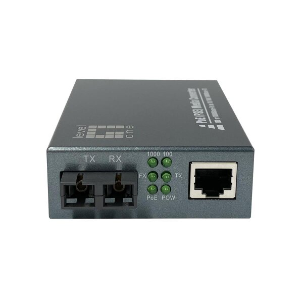 LevelOne Gigabit RJ45 zu SC Mediakonverter, PoE PSE, Multi-Mode Glasfaser, 0.5km, 1000 Mbit/s, IEEE 802.3, IEEE 802.3ab, IEEE 802.3af, IEEE 802.3at, IEEE 802.3u, IEEE 802.3x, IEEE 802.3z, 10,100,1000 Mbit/s, 10BASE-T, 100BASE-T, 1000BASE-T, Voll, Halb, SC