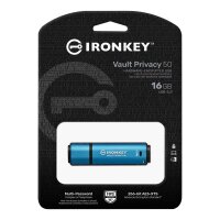 Kingston IronKey 16GB Vault Privacy 50 AES-256 verschlüsselter, FIPS 197, 16 GB, USB Typ-A, 3.2 Gen 1 (3.1 Gen 1), 250 MB/s, Kappe, Schwarz, Blau