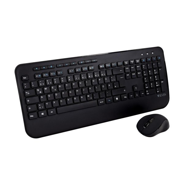 V7 CKW300DE – Tastatur in Standardgröße, Handballenauflage, Deutsch QWERTZ - schwarz, Volle Größe (100%), Kabellos, RF Wireless, Schwarz, Maus enthalten