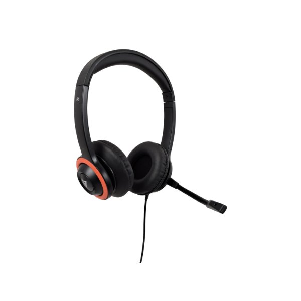 V7 Safesound Schüler-Headset mit Mikrofon, Lautstärkenbegrenzung, antimikrobiell, 2 m USB-Kabel, Notebook, Computer, PC – schwarz, rot, Kabelgebunden, Büro/Callcenter, 164,4 g, Kopfhörer, Schwarz, Rot