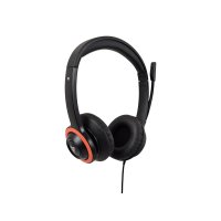 V7 Safesound Schüler-Headset mit Mikrofon, Lautstärkenbegrenzung, antimikrobiell, 2 m USB-Kabel, Notebook, Computer, PC – schwarz, rot, Kabelgebunden, Büro/Callcenter, 164,4 g, Kopfhörer, Schwarz, Rot