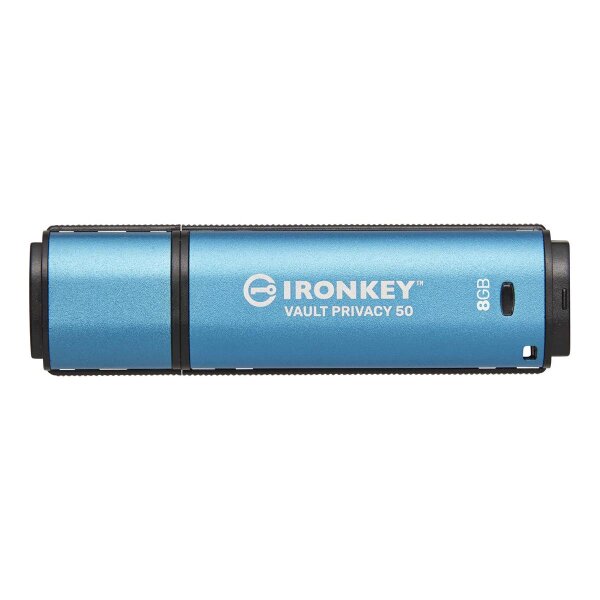 Kingston IronKey 8GB Vault Privacy 50 AES-256 verschlüsselter, FIPS 197, 8 GB, USB Typ-A, 3.2 Gen 1 (3.1 Gen 1), 250 MB/s, Kappe, Schwarz, Blau