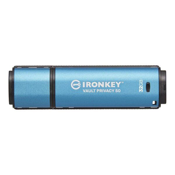 Kingston IronKey 32GB Vault Privacy 50 AES-256 verschlüsselter, FIPS 197, 32 GB, USB Typ-A, 3.2 Gen 1 (3.1 Gen 1), 250 MB/s, Kappe, Schwarz, Blau