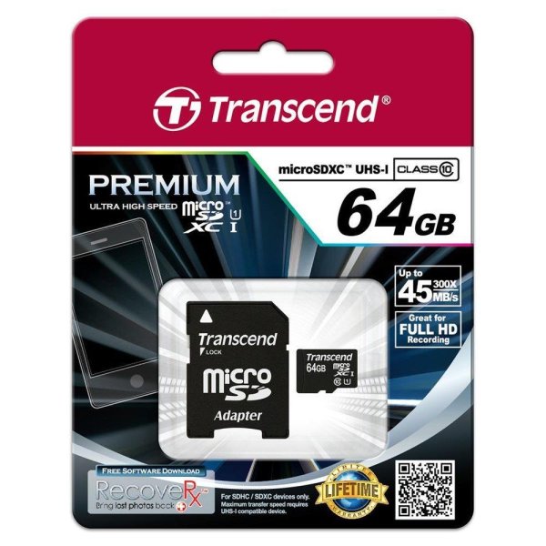 Transcend TS64GUSDU1, 64 GB, MicroSDXC, Klasse 10, MLC, 90 MB/s, Class 1 (U1)