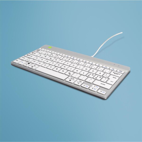 R-Go Tools Ergonomische Tastatur R-Go Compact Break, kompakte Tastatur mit Pausensoftware, QWERTY (NORDIC), Kabelgebunden, Weiß, Mini, Kabelgebunden, USB, QWERTY, Weiß