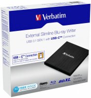 Verbatim 43889, Schwarz, Ablage, Desktop / Laptop, Blu-Ray RW, USB 3.1 Gen 1, BD, BD-R, BD-R DL, CD, DVD