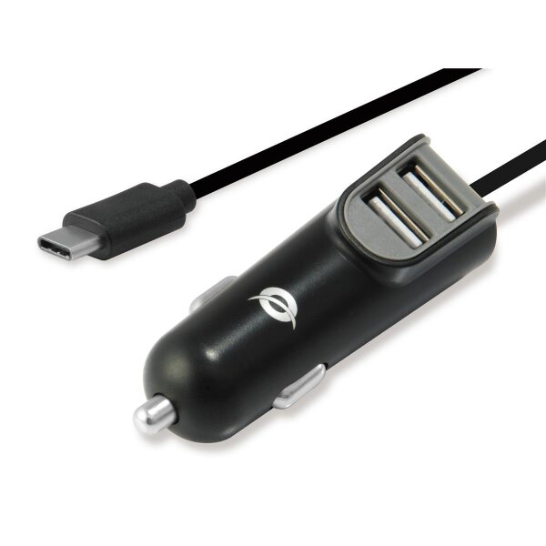 Conceptronic CARDEN 2-Port 15.5W USB-KFZ-Ladegerät mit USB-C-Kabel, Auto, Zigarettenanzünder, 5 V, Schwarz